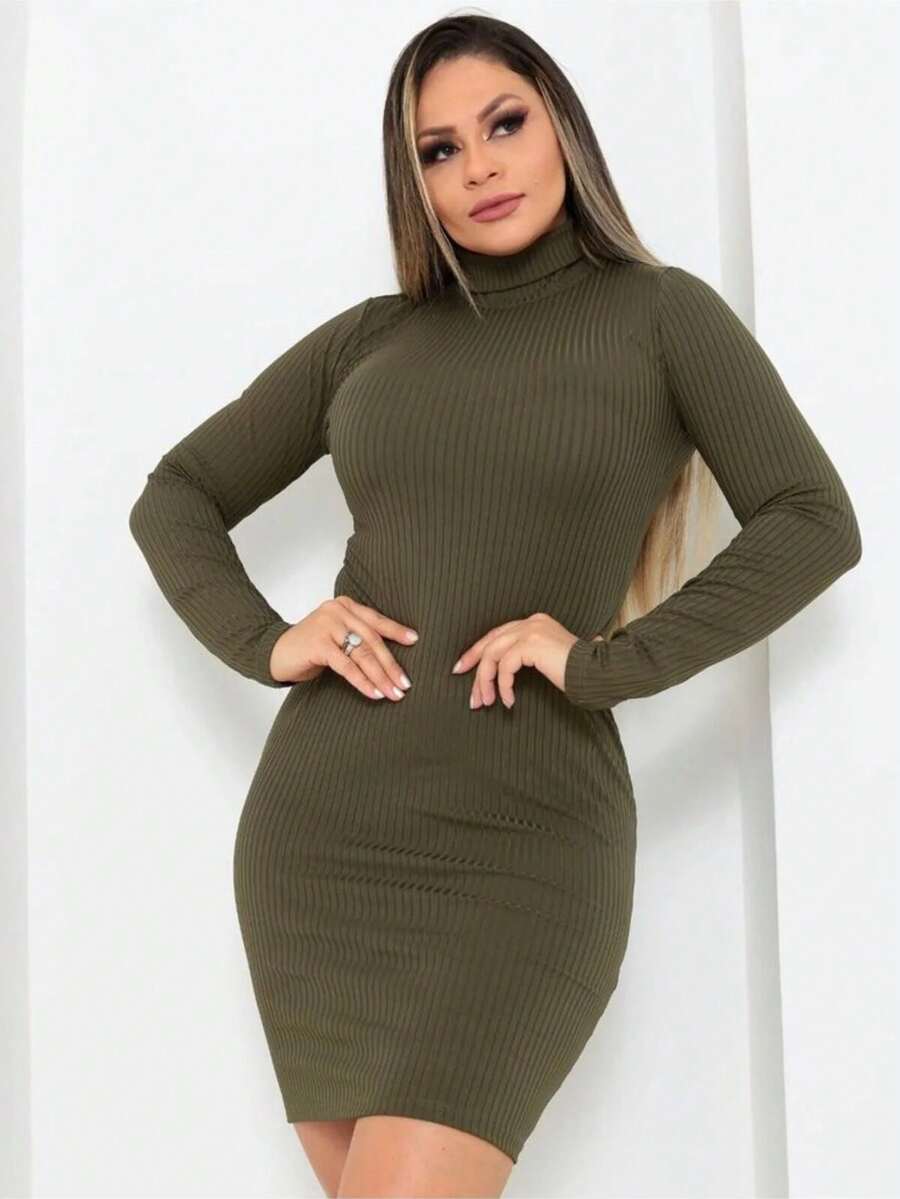 Women's Turtleneck Long Sleeve Ribbed Lycra Basic Dress - Khaki - View 1