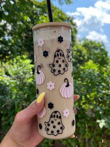 Light Pink Pumpkin Floral Cute Ghost Glass Cup, Transparent High Borosilicate Material, Autumn Halloween Portable Takeout Fruit Tea Cold Drink Cup - Multicolor - View 7