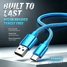 Android手機用USB C快充數據線，USB-C轉Type-C快充線（3.3/6.6/10英尺尼龍編織），兼容三星，手機充電線，C-Type接口充電線，適用於旅行/室內/室外/車充，紫色 - 3pcs黑+藍+紫 - 查看 3