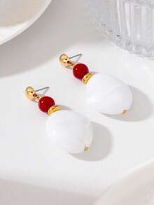 French Vintage Red Ball Acrylic Earrings, Premium White Patchwork Ear Dangle - Red and White - View 7