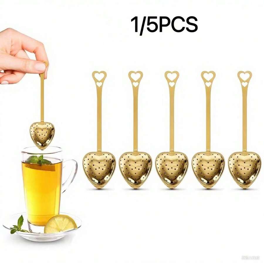 1件/5件 不鏽鋼金色心形長柄茶濾網-可重複使用香草與香料過濾器,多功能攪拌茶匙附細網濾網,適用於散裝葉茶,居家與辦公室使用完美選擇 - - - 查看 1