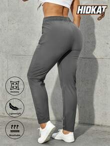 Hidkat Women's Lightweight Elastic Solid Color Sports Long Pants With Zipper Pockets For Fitness, Jogging And Daily Wear, Summer & Autumn - Grey - View 3