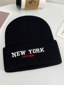 1件中性款「NEW YORK」字母刺繡翻邊針織毛帽，休閒街頭風柔軟保暖彈性骷髏帽，秋冬日常戶外帽子 - 彩色 - 查看 1