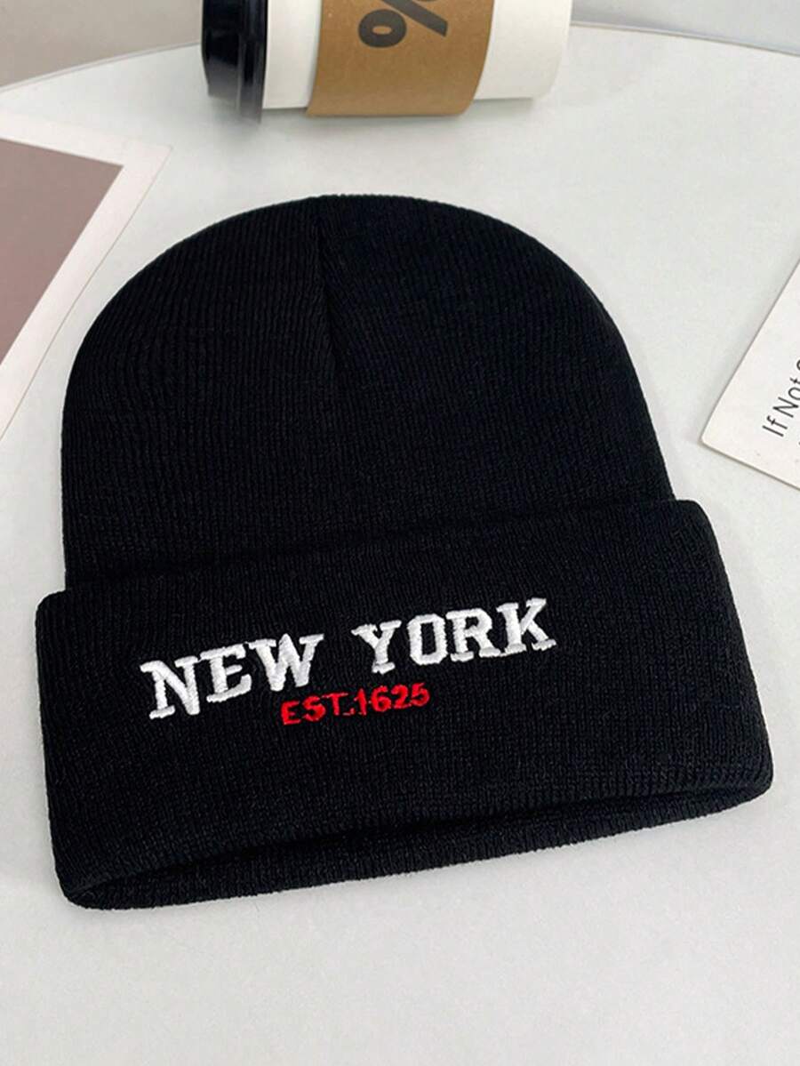 1件中性款「NEW YORK」字母刺繡翻邊針織毛帽,休閒街頭風柔軟保暖彈性骷髏帽,秋冬日常戶外帽子 - 彩色 - 查看 1