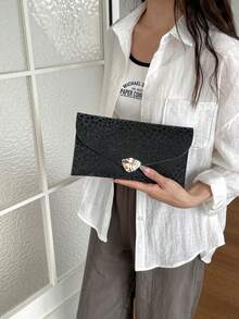 2026秋季新款奢華信封手拿包 豹紋磨砂麂皮 女款極簡百搭金屬扣 時尚優雅宴會包 大容量純色女包 - 黑色 - 查看 7