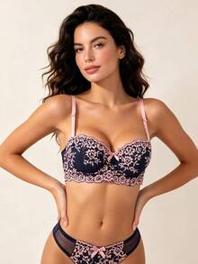 Navy Blue & Pink Floral Lace Half Cup Bra, Adjustable Spaghetti Strap, Underwire Support, Cute Bow Decor, Romantic Lingerie Top - Pink - View 4