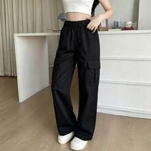 1 buah Celana Kargo Retro Minimalis untuk Remaja Perempuan, Cocok untuk Musim Kembali ke Sekolah, dengan Kantong Besar - Hitam - View 6