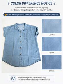Women's Blue V-Neck Casual Short-Sleeve Washed Denim Shirt, Large Size Loose Cardigan Lightweight Denim-Look Shirting Fabric - Blue - View 4