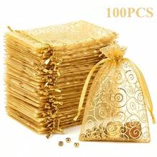 100pcs Gold Swirl Print Organza Gift Bags, Multiple Sizes Transparent Drawstring Jewelry Pouches, Reusable Mesh Party Favor Bags, Perfect For Weddings, Baptisms, Graduations, Holiday Parties, And Candy & Jewelry Packaging - Multicolor - View 11