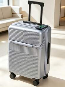 20 Inch Carry-On Suitcase With Front Laptop Compartment, Hard Shell PC Luggage, TSA Lock, Silent Spinner Wheels, Lightweight Business Travel Bag - Silver - View 3