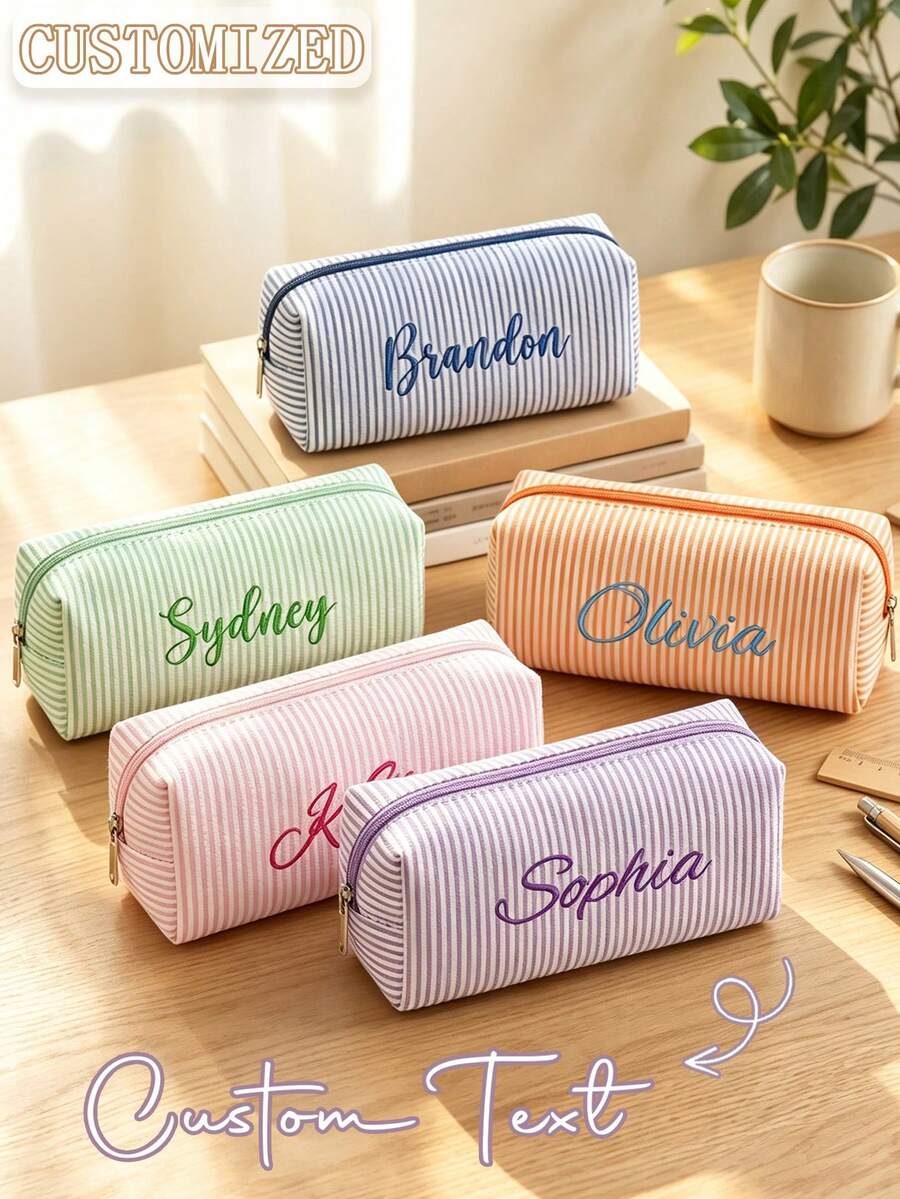 Custom Embroidered Name Striped Canvas Makeup Bag, Personalized Letter Zipper Storage Pouch, Bridesmaid Invitation Gift Cosmetic Organizer Pencil Case, Customized Text Portable Travel Toiletry Bag, Wedding Bachelorette Party Favor - Multicolor - View 1