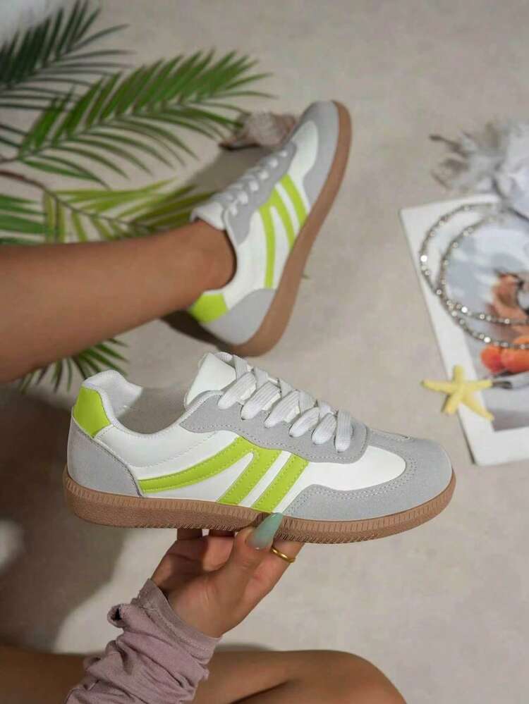 Women's Casual Sports Shoes, Fashion Outdoor Street Style Round Toe Striped Patchwork Versatile Women's Shoes, Student Daily Casual Shoes - Lime Green - View 2