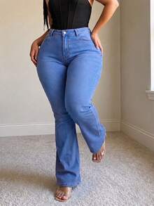 Plus Size Y2K Washed Denim Flare Jeans, Medium Stretch Long Bootcut Pants, Casual Wear Denim Jeans - Blue - View 5