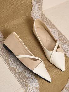 Pointed Toe Low Vamp Bow Flat Shoes, Delicate Satin Texture Soft And High-End, Versatile Shoes. - Beige - View 3