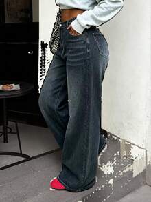 Women's Casual Elegant Washed Denim Wide Leg Pants, Decorated With Cat Whisker Pattern, Medium Stretch, Perfect Choice For Autumn - Blue-gray - View 6