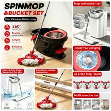 POKEPIC 360° Rotating Dual-Drive Spin Mop Bucket W/ Foot Pedal & 4 Microfiber Refills, Small Mop Bucket Dual Compartment Flat Mop Kit W/ Steel Handle & 6 Reusable Cloths, Wet Dry Floor Cleaner For Hardwood Tile Laminate Kitchen Bathroom - 6Pc(1Bucket+1Mop Handle+4Head) - 查看 1