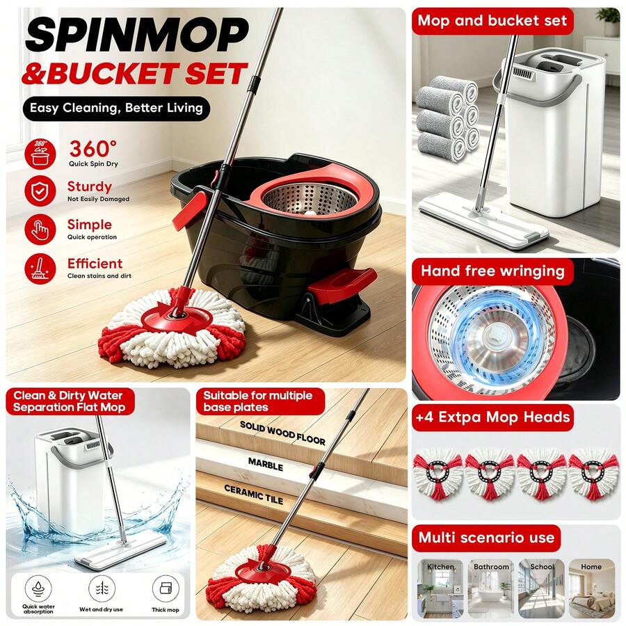 POKEPIC 360° Rotating Dual-Drive Spin Mop Bucket W/ Foot Pedal & 4 Microfiber Refills, Small Mop Bucket Dual Compartment Flat Mop Kit W/ Steel Handle & 6 Reusable Cloths, Wet Dry Floor Cleaner For Hardwood Tile Laminate Kitchen Bathroom - 6Pc(1Bucket+1Mop Handle+4Head) - 查看 1