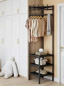 Multifunctional Floor Clothes Storage Rack With Three Non-Woven Fabric Storage Layers And Multiple Top Hooks, Set Includes 3 Wooden Hangers, Easy To Assemble And Disassemble For Storing Clothes And Bags, Suitable For Home Entryway And Bedroom. - Multicolor - View 6