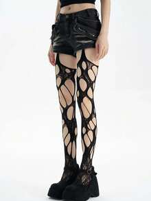 1 Pair Women's Spring/Summer Thin Sexy Hollow Out Fishnet Pantyhose, Versatile Party Tights - Black - View 2