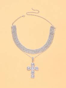outingfit 1pc Double Layer European & American Style New Cross Necklace Exaggerated Rhinestone Collarbone Chain Personalized Accessory For Women - Silver - View 6