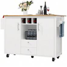 Carrito de servicio con 2 taburetes, carrito de cocina y encimera plegable con toallero, estante para especias, estante para vino y estantes ajustables, para comedor, sala de estar, balcón, mostrador, blanco - Blanco - Ver 11