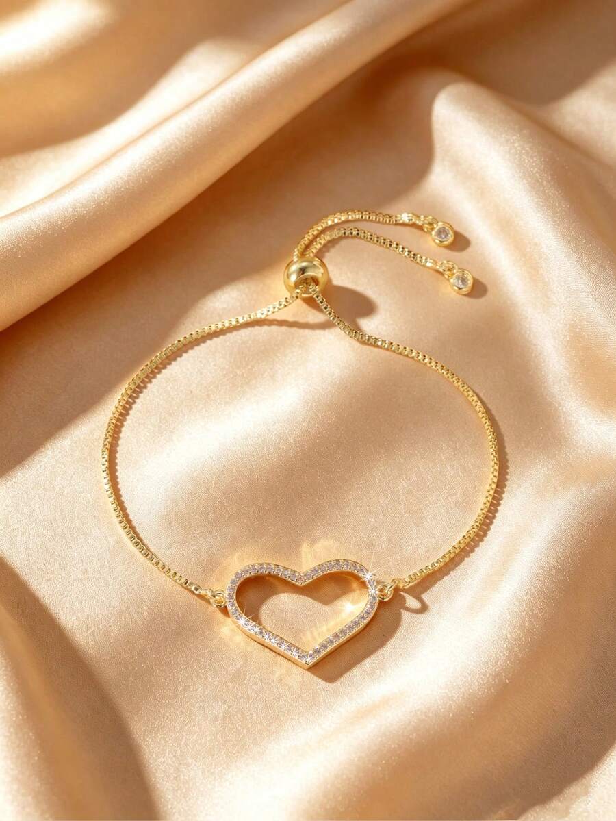 GEREIT 1pc Exquisite Fashion 14K Gold Plated Copper Zirconia Heart Buckle Versatile Women's Adjustable Bracelet, Suitable For Daily Wear, Mother's Day Gift - Multiple Styles - View 1