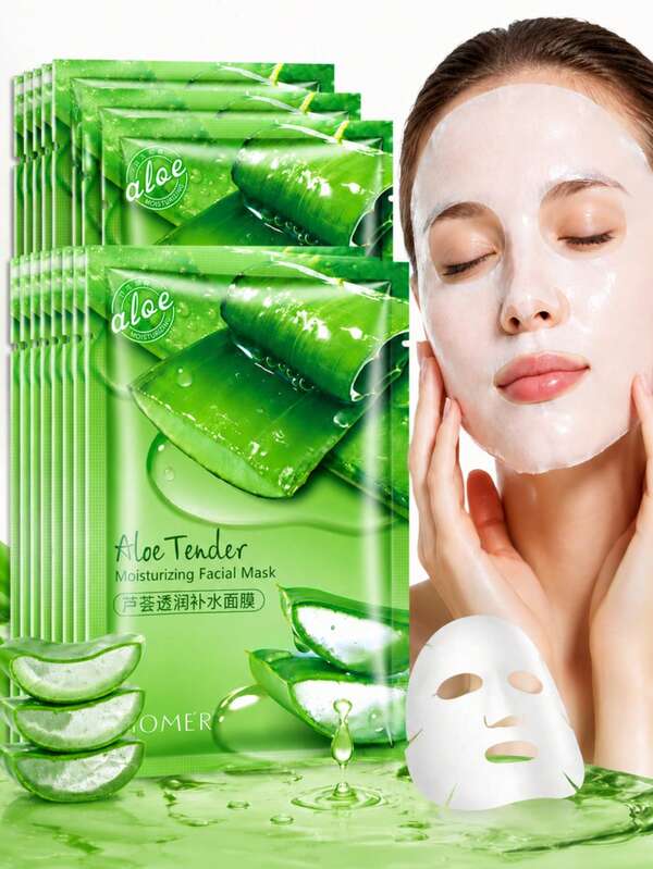 1/5/10Pcs Aloe Vera Moisturizing Sheet Mask, Soothing Sunburned Skin, Essence Facial Mask, Brightening Skin Tone, After-Sun Repair, Fading Fine Lines, Non-Sticky, Soothing And Repairing Dry Sensitive Skin, Best Holiday Gift