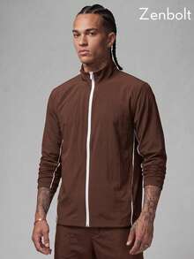 Zenbolt Minimalist Full Zip Stand Collar Top, Contrast Striped Edge, Side Hand Pockets, Light Smooth Material For Daily Matching - Brown - View 4