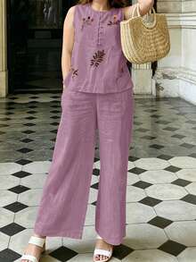 Women's Summer Solid Color Casual Embroidered Round Neck Sleeveless Top And Long Pants 2-Piece Set - Lilac Purple - View 5