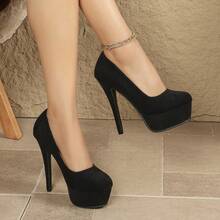 Elegant Round Toe Stiletto Heel Professional Women's Pumps, Black Suede High Heel Slip-On Shoes - Black - View 18
