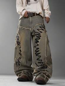 Men's Japanese Retro Vintage Wide Leg Jeans, Unique Street Print Design, Fashion Casual All-Season Long Pants (No Belt & Accessories Included) - Blue - View 1