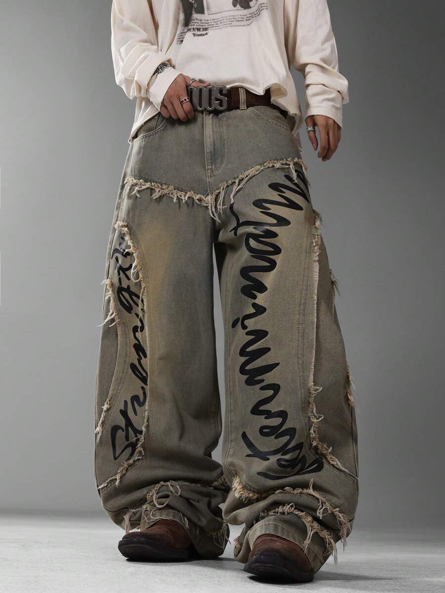 Men's Japanese Retro Vintage Wide Leg Jeans, Unique Street Print Design, Fashion Casual All-Season Long Pants (No Belt & Accessories Included) - Blue - View 1