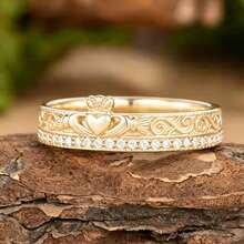 French Romantic Crown Heart Hands Carved Zirconia Inlaid 18K Gold Plated Engagement Ring For Women - Gold - View 5