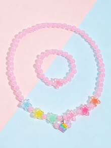 2pcs/Set Cute Resin Heart Pendant Star Beaded Necklace & Bracelet Jewelry Set For Girls, Daily, Holiday, Party Gift - Multicolor - View 3
