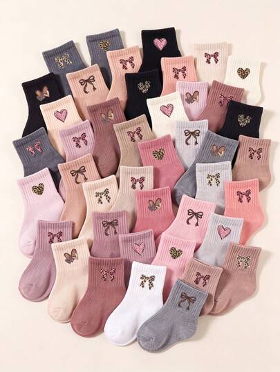 5/10/20 Pairs Random Style Baby Socks, Leopard Print Bow & Heart Pattern, Newborn Essentials, Toddler Autumn, Baby Halloween, Christmas, Autumn Socks, Baby Baptism