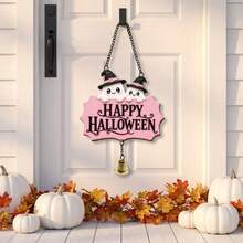 Cute Pink Halloween Wooden Door Hanger, Witch Hat Ghost Welcome Sign, Star Decor With Chain And Bell, Front Door Holiday Decoration - Multicolor - View 6