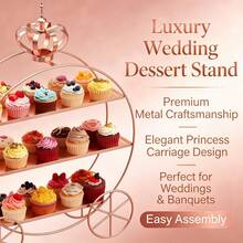 3-Tier Crown Cake Stand With Wheels – Rose Gold Carriage Cupcake Display Rack For Wedding, Afternoon Tea & Birthday. Non-Food Contact Metal Dessert Tower, Sturdy Pastry Holder & Elegant Tabletop Decor - 玫瑰金 - 查看 5