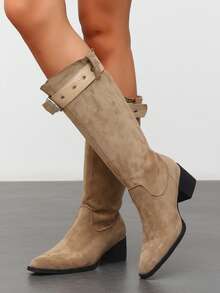 Buckle Strap Knee-High Boots Plus Size Women Wide Shaft Square Toe Vintage Western Cowboy Boots - Khaki - View 6