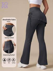 Soyun Women's High Waist Drawstring Pleated Hem Flare Yoga Pants, 2-In-1 Tummy Control Micro Flare Fitness Leggings, Suitable For Yoga, Running, Cycling And Sports - Grey - View 10