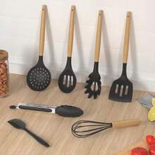 14-Piece Silicone Kitchen Utensil Set With Wooden Handles, Heat-Resistant And Non-Stick Cooking And Baking Tools, Including Spatulas, Spoons, Tongs, Whisks, Draining Spoons, Scrapers, Kitchen Prep Containers, And Household Storage Containers. - Green - View 3
