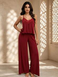 Temptuelle 2pcs Women's Sexy Lingerie Set, Adjustable Strap Camisole + Long Pajama Pants, Solid Color Sleepwear Set With Ruffle Lace Trim - Burgundy - View 4