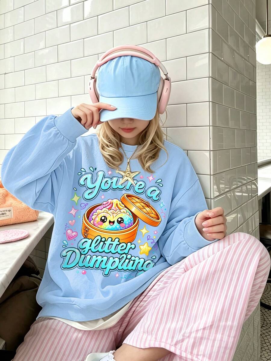 Cute Girls' Sweatshirt, Cartoon Rainbow Glitter Steamer Print Casual Autumn/Winter Campus Top - Baby Blue - View 1