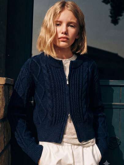 Áo khoác cardigan ngắn cho bé gái phong cách châu Âu, màu trơn họa tiết quả trám, dệt vặn thừng, vạt mở, tay dài, phù hợp mặc đi học và thường ngày, mùa xuân thu đông
