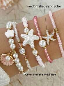 5pcs/Set Bohemian Style Pink Beaded Bracelets, Bohemian Style Layered Jewelry, Starfish Shell Pendant Design, Suitable For Gifts, Holidays And Parties, With Music Festival Fun Design - Multicolor - View 7