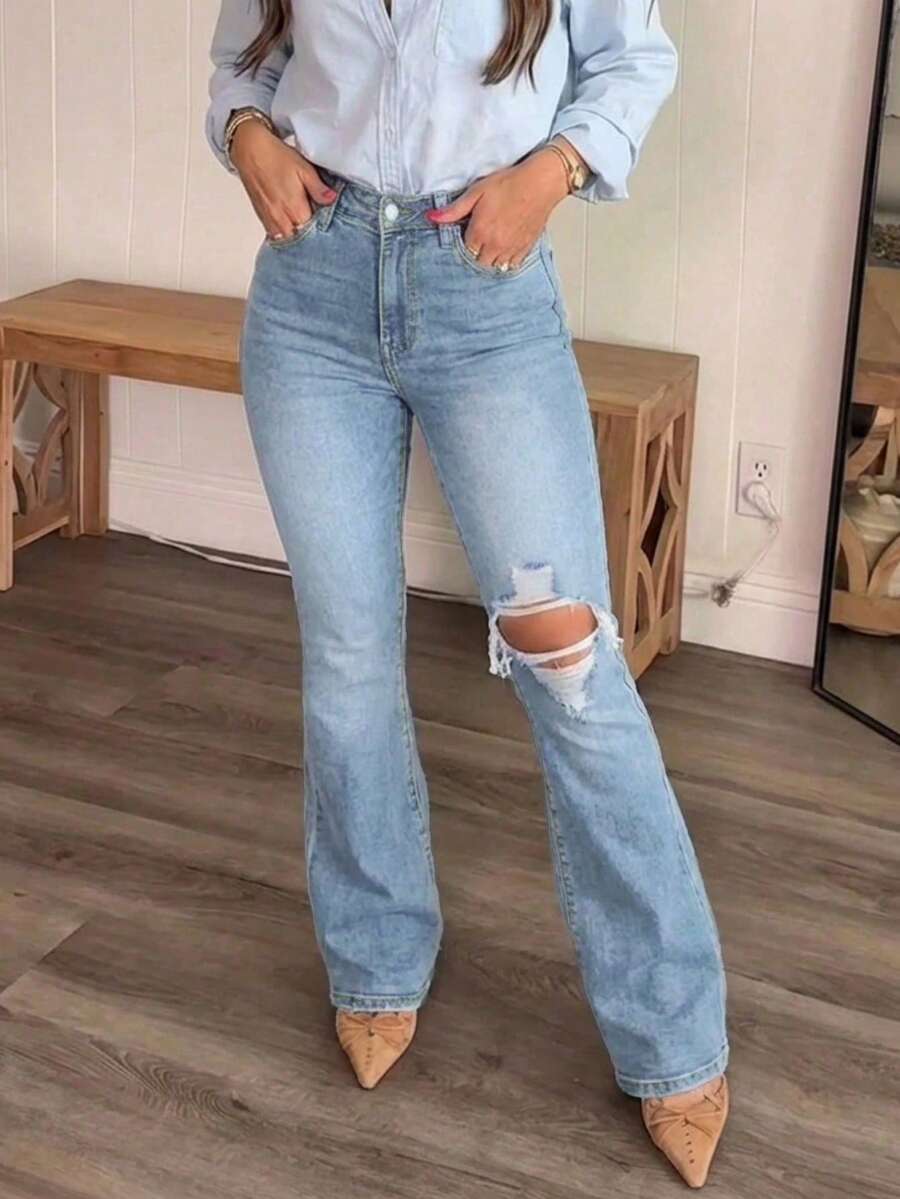 Women's Distressed Elastic Skinny Flare Jeans Casual Spring - Light Wash - View 1