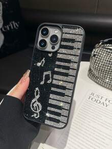 1pc Pink Piano Note Rhinestone Phone Case Luxury Shockproof 2-In-1 Protective Cover For IPhone 17 Pro Max/13/14 - Black and White - View 3