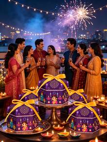 12/8pcs Diwali Party Oil Lamp, Fireworks Pattern Gift Boxes, Blue And Purple Hexagonal Gift Boxes With Yellow And White Dual-Color Ribbons, Diwali Party Decoration Boxes, Theme Party DIY Gift Boxes, Suitable For Diwali Celebration Decoration, Party Decoration, Birthday Party And Various Celebration Activities. - View 9