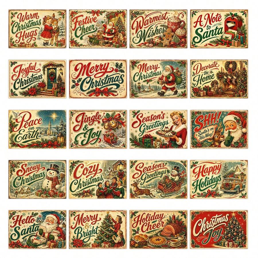 20pcs Christmas Holiday Postcards, Christmas Greeting Cards For Friends And Family, Reindeer, Santa Claus, Snowman And Christmas Tree Illustration Wall Collage Set, Suitable For Home Decor, Perfect For Scrapbooking And Handmade Crafts
