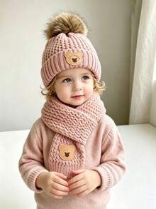 Autumn/Winter Children's Hat Set - Warm Plush Knitted Bear Design Hat, Suitable For 1-3 Years Old Boys And Girls - Multicolor - View 4