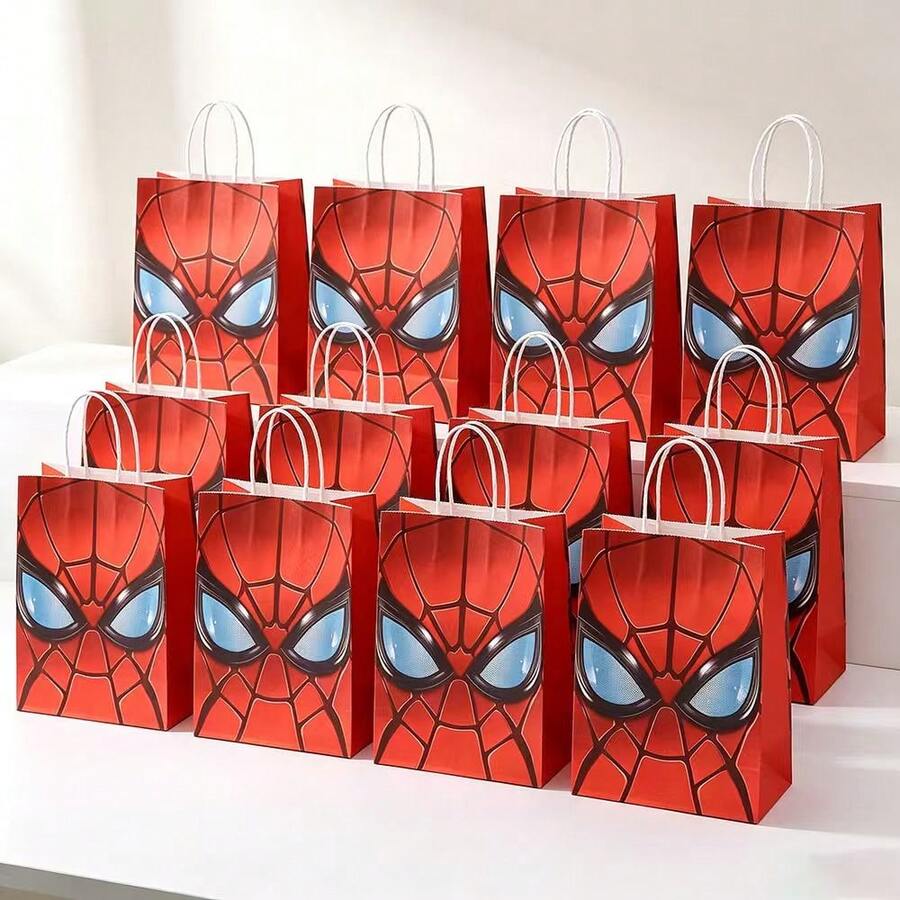Red Paper Themed Gift Bags, Cool Superhero Cartoon Style, Classic Spider Mask Prints, Rectangular Handled Shape, Party Favor Bags For Boys Birthday Party Gift Packaging Supplies - View 1